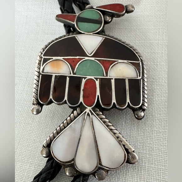 Vintage 1960s Native American Zuni Bolo Tie with Channel Inlay Thunderbird - Picture 8 of 8